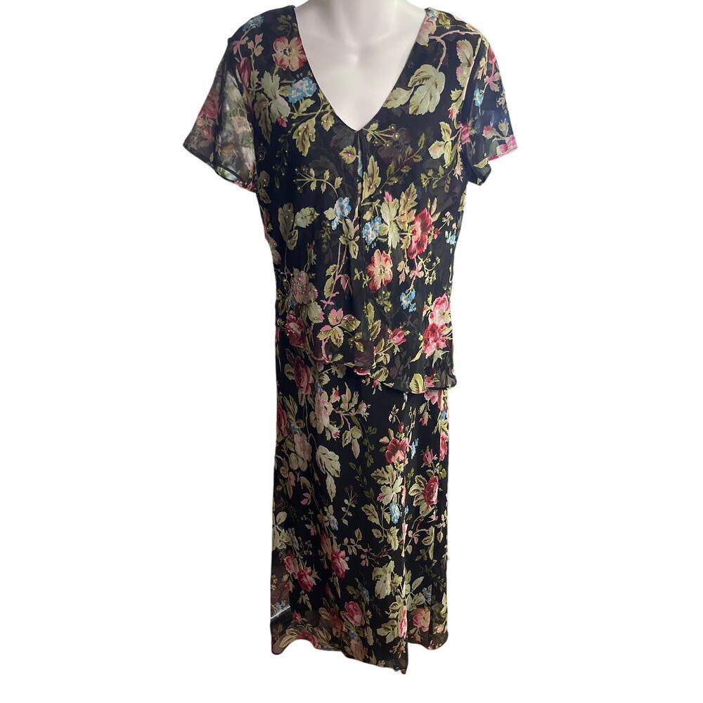 Vintage Positive Attitude Black Floral Beaded Maxi Elegant Evening Dress Sz 12P